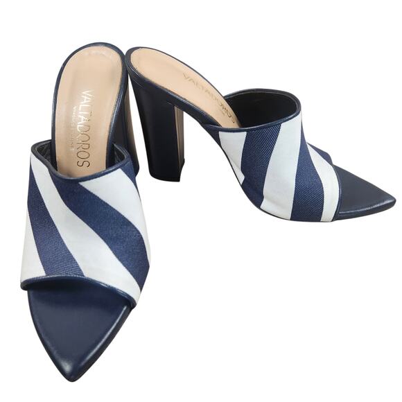 Paris Valtadoros Striped Mule Heels Women’s SZ 37 (US 6) Navy/White Block Heel - Picture 1 of 13